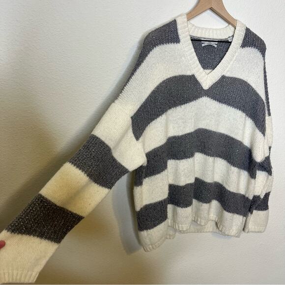 AllSaints Lou Sparkle Jumper Metallic Stripe V Neck Oversized Womens Size S - Picture 4 of 11